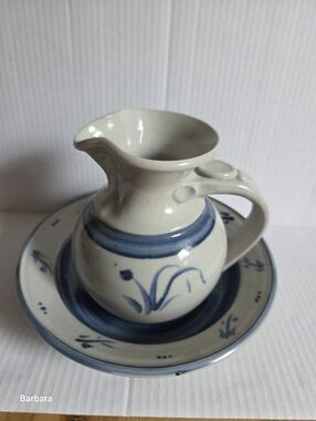 Vintage (Signed) Salt-glazed Handmade Stoneware Pitcher and Bowl Set